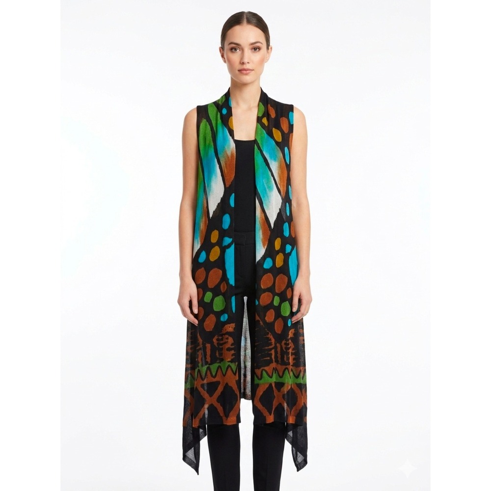 Adore Butterfly Wing Print Longline Mesh Vest Open Front Sleeveless Cardigan M